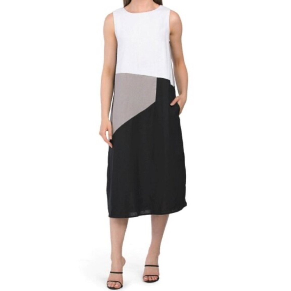 H Halston Linen Blend Monochrome Sleeveless MIDI Dress Size M Summer Wedding